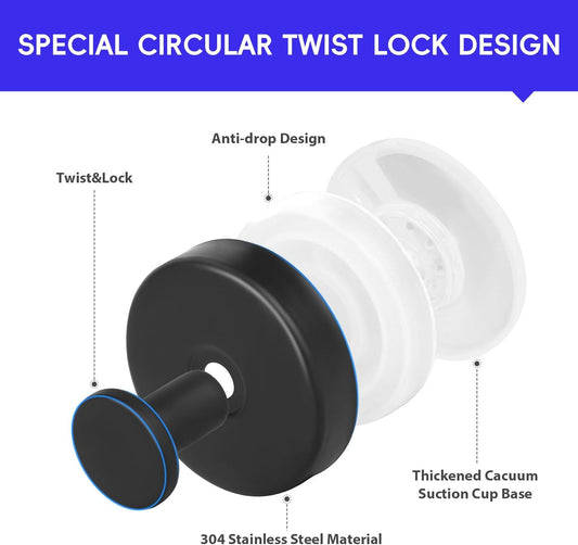 Black Suction Cup Hooks (2-Pack) - 15lbs Capacity, Multi-Surface Use