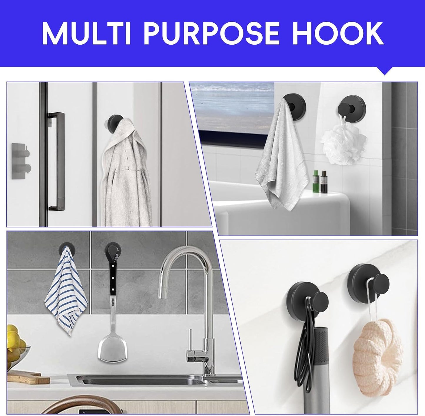 Black Suction Cup Hooks (2-Pack) - 15lbs Capacity, Multi-Surface Use