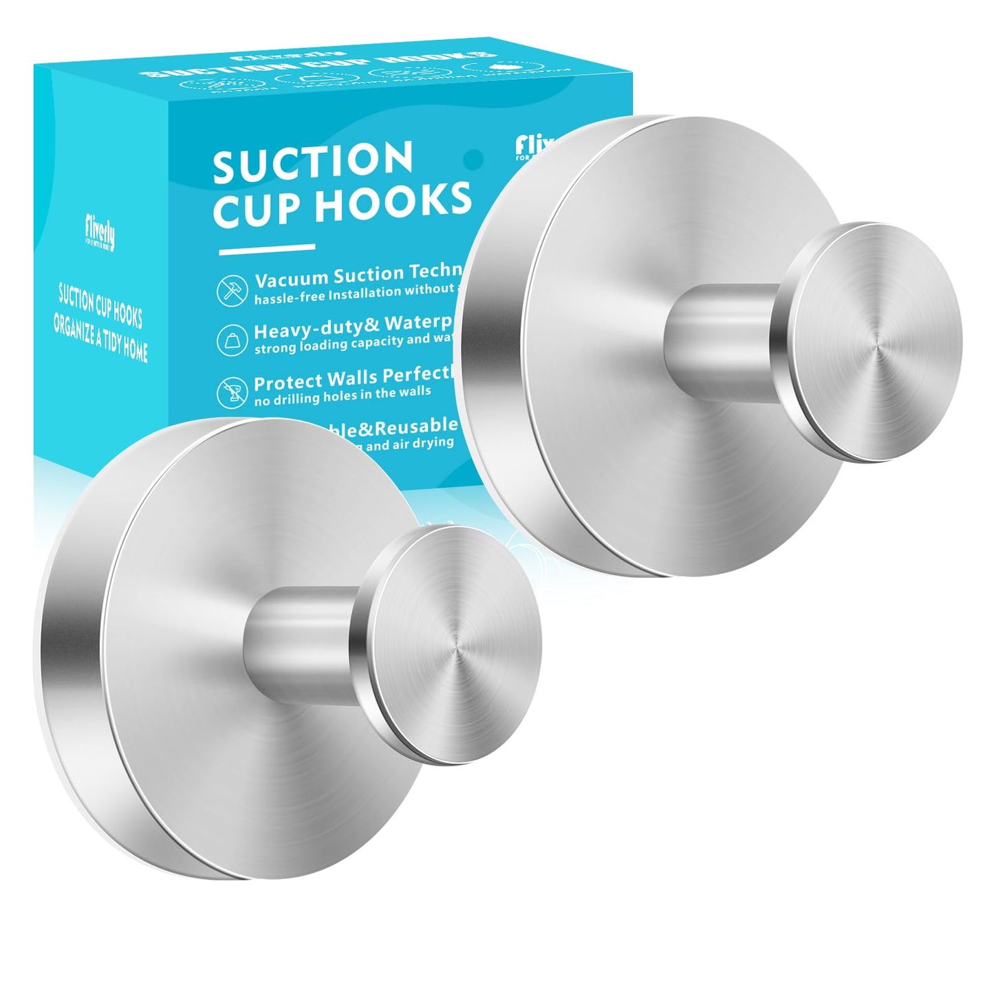 2-Pack Silver Suction Cup Hooks - 15lbs, No-Drill, Multi-Surface Use