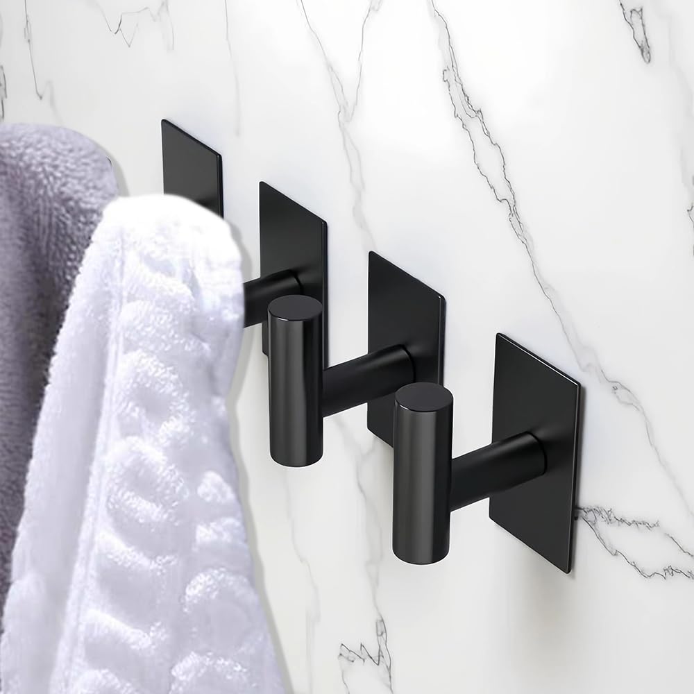 Black Stainless Steel Self-Adhesive Hooks (4-Pack) - Heavy Duty, Waterproof, No-Drill