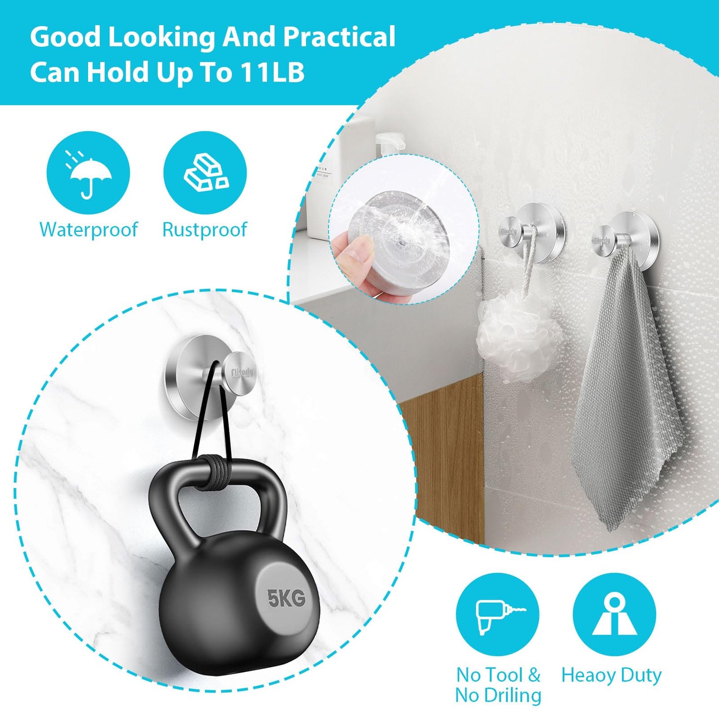 2-Pack Silver Pro Suction Cup Hooks with Logo - No-Drill, Multi-Use
