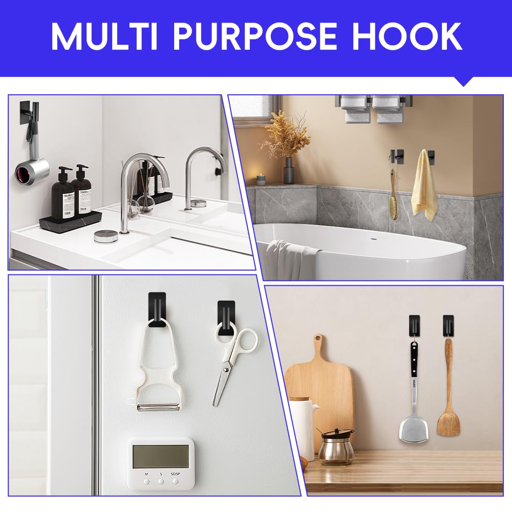 Black Stainless Steel Self-Adhesive Hooks (4-Pack) - Heavy Duty, Waterproof, No-Drill