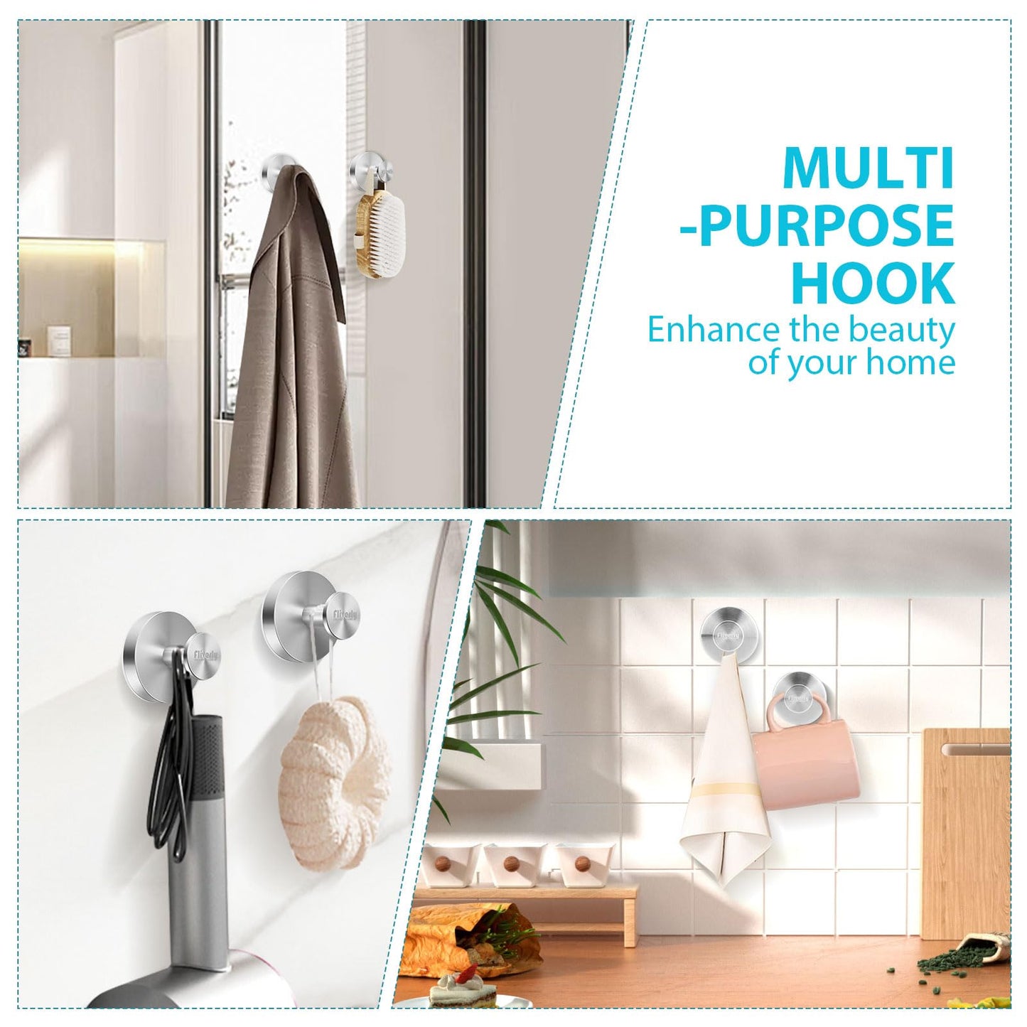 2-Pack Silver Pro Suction Cup Hooks with Logo - No-Drill, Multi-Use