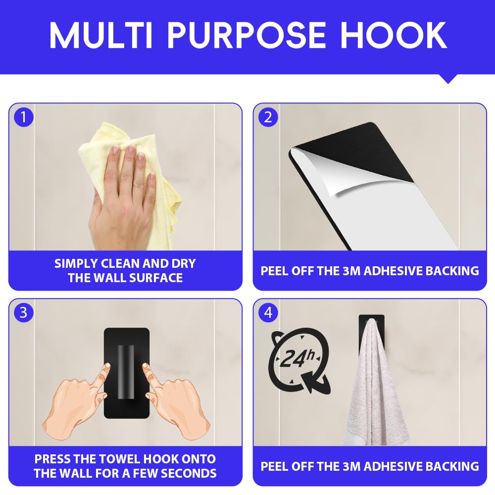 Black Stainless Steel Self-Adhesive Hooks (4-Pack) - Heavy Duty, Waterproof, No-Drill