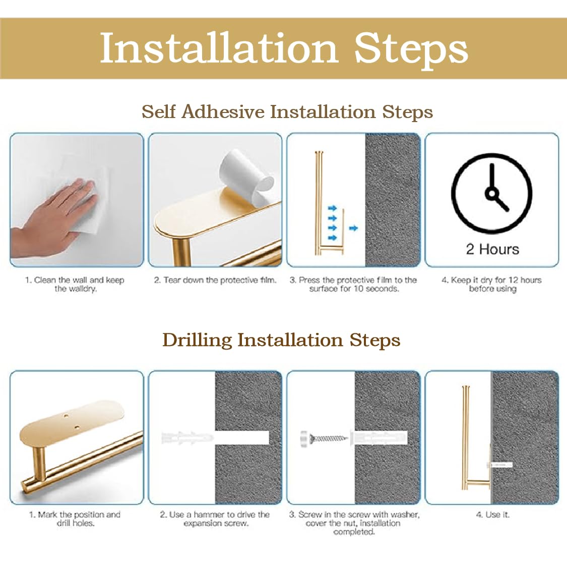 Gold Self-Adhesive Paper Towel Holder - Under Cabinet/Wall Mount