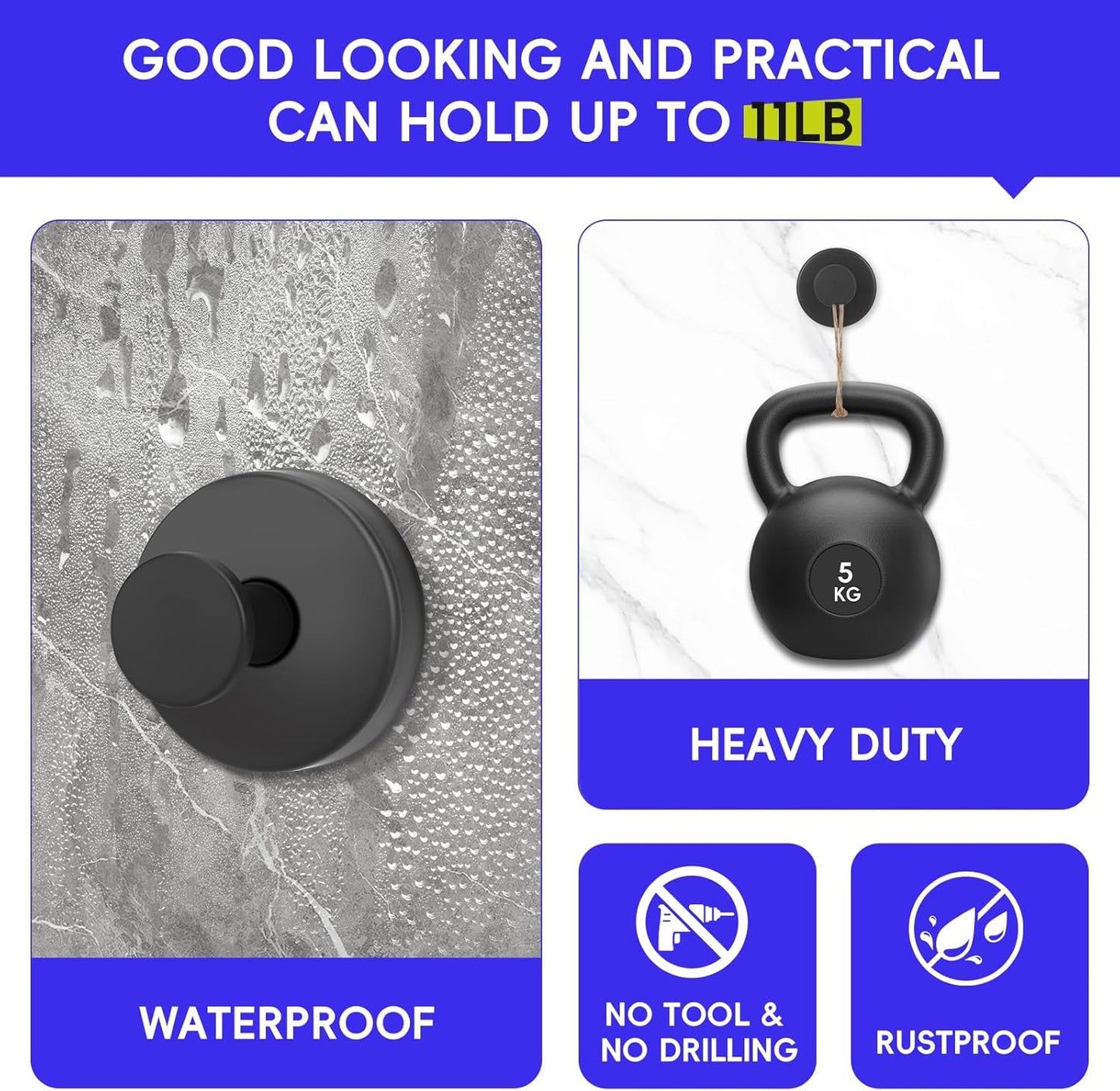 Black Suction Cup Hooks (2-Pack) - 15lbs Capacity, Multi-Surface Use